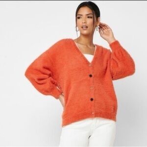 Moon River Orange Eyelash Chenille Button Down Oversized Cardigan in XS